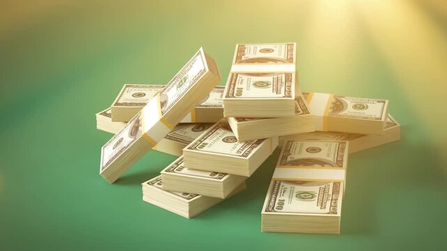 Stacks of Wealth: High-angle shot of stacks of cash representing financial prosperity and success on a vibrant green surface, illuminated by a brilliant light source.