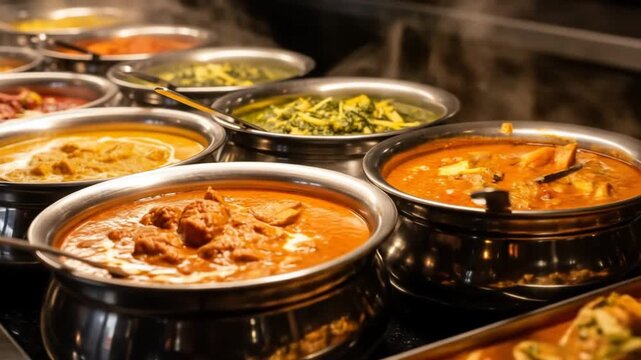 Delicious spread of authentic Indian cuisine featuring a rich variety of spicy curries and side dishes presented in traditional serving bowls