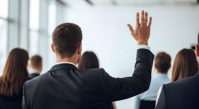 Back view of a man in a suit raising his hand in a meeting with other people in the background