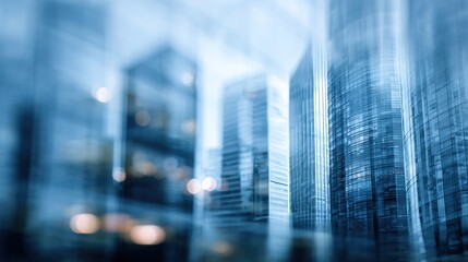 A blurry blue background with reflections of skyscrapers on glass windows. High quality