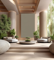 Fototapeta premium Modern lounge with natural light, large columns, indoor plants, stone decor, and minimalist furniture creates calm, inviting atmosphere
