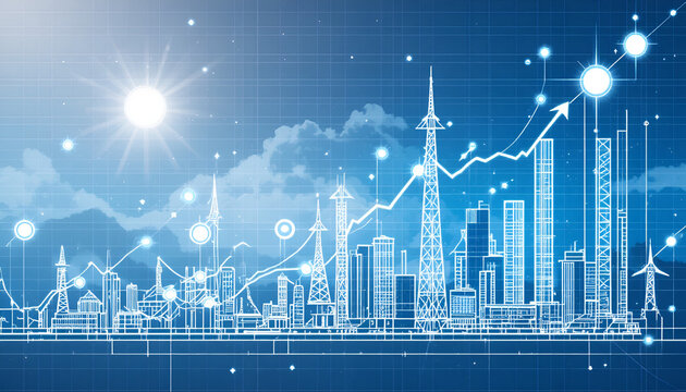 Dynamic skyline with rising graph illustrates financial growth and urban development, projecting a bright future for business and technology investments - Powered by Adobe
