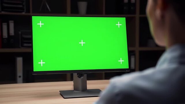 Person working on a computer with a green screen, ideal for digital compositing and virtual presentations