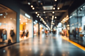 Abstract blur shopping mall corridor. Blurred retail and hall interior in department store. Defocused bokeh effect background or backdrop for business concept. High quality