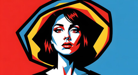Bold graphic portrait of an expressive woman with striking features and a colorful hat, perfect for creative projects needing a modern, edgy look