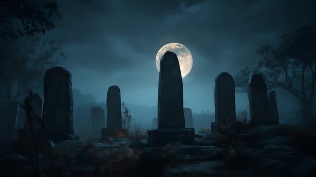 Moonlit graveyard with tall standing stones, mist across the ground, blue night, bare trees tonight