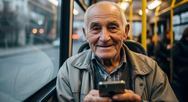 Elderly man smiling and holding a smartphone while riding on a bus through the city streets today - Powered by Adobe