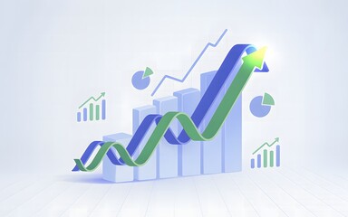 3d bar chart and wavy line graph illustrating upward financial growth and business analytics