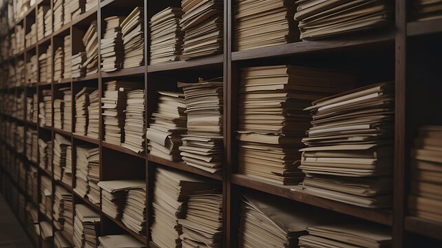 A vast archive of documents and files stored on shelves in a storage facility