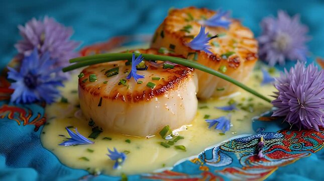 Two perfectly seared round food items atop a creamy yellow sauce, garnished with chives, blue petals and purple flowers on a patterned surface