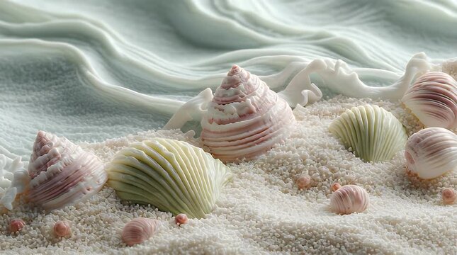 A serene beach scene depicting various seashells resting on a bed of white sand, with gentle wave-like patterns in the background. The lighting is soft and dreamy