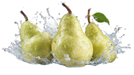 Fresh, sweet, and juicy green pear fruit with water drops and a splash in isolation