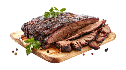 Sliced smoked beef brisket on cutting board isolated on a transparent background