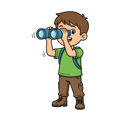 Happy cartoon boy explorer looking through blue binoculars.