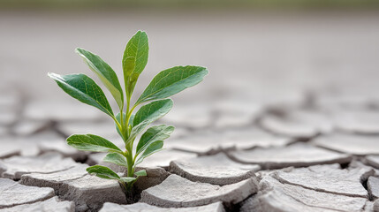 Young green seedling growing from cracked dry soil, symbolizing hope, resilience, and new beginnings in harsh conditions