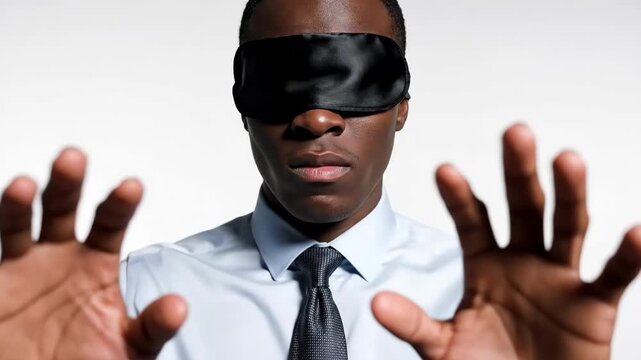 Blindfolded Black Man Uncertainty with Risk, and and Trust Concept.