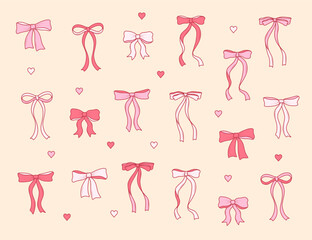 A set of pink bows and ribbons cartoon style. Coquette bow for hair decoration, celebration party items, gift packaging, present cards and luxury wrap pack.