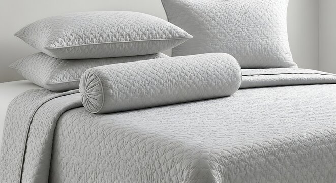 Elegant white bedding with textured pillows and quilted coverlet in a bedroom