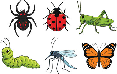 High Contrast Insect and Bug Vector Illustration Set Featuring Spider, Ladybug, Grasshopper, Smiling Caterpillar, Mosquito, and Monarch Butterfly.