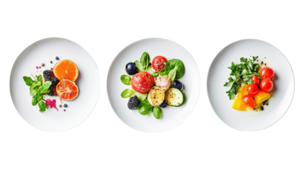 Three plates of fresh fruit and vegetables isolated on a transparent background