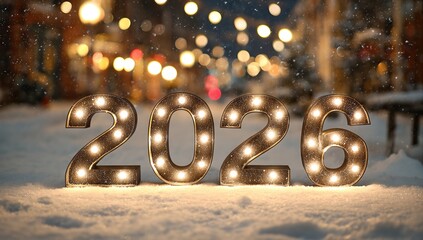 2026 New Year's Eve Celebration with 3D Marquee Number in Snow Image.