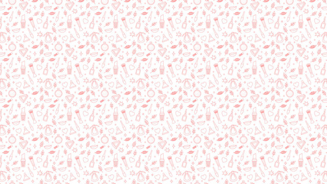 Seamless pattern with pink makeup elements on a white background for beauty and fashion themes design