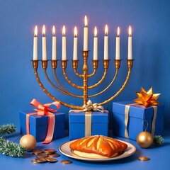 A golden menorah with lit candles sits beside blue gift boxes, a plate with a pastry, coins, and festive decor creating a warm Hanukkah mood on a blue wall