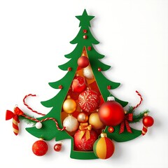 A green Christmas tree cutout opens to reveal colorful ornaments, capturing the festive mood of the season. Bright red and gold accents create a warm, cheerful greeting for the holidays