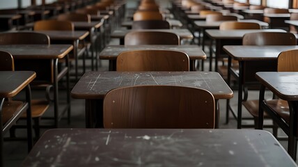 Rows of empty wooden desks and chairs in a classroom setting