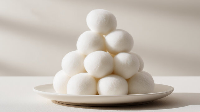 A white plate with a stack of white balls on it