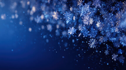 Abstract background of colorful falling snowflake with glowing blue light, winter festive mood