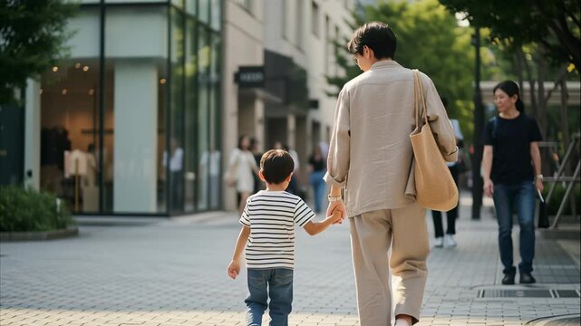 Back view of father and son holding hands walking on city street