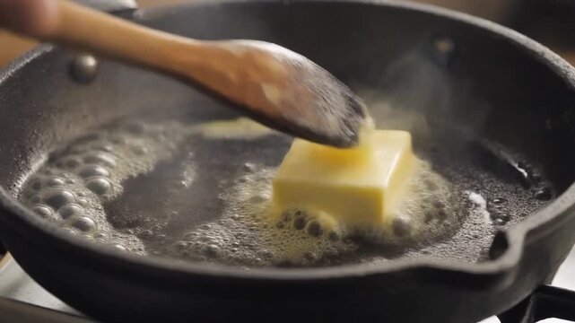 A close-up of a pat of butter melting and sizzling in a hot cast-iron pan.