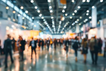 Background of an expo or convention with blurred individuals in an exposition hall. Concept image for a international exhibition, conference center, corporate marketing, or event fair. High quality