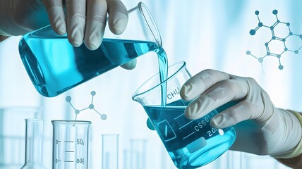 Close up of gloved hands carefully pouring blue liquid from a beaker into another in a laboratory setting