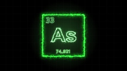 Arsenic - periodic table element symbol hologram, chemical element Periodic Table, atomic weight element number ,glowing on black background in 4K.