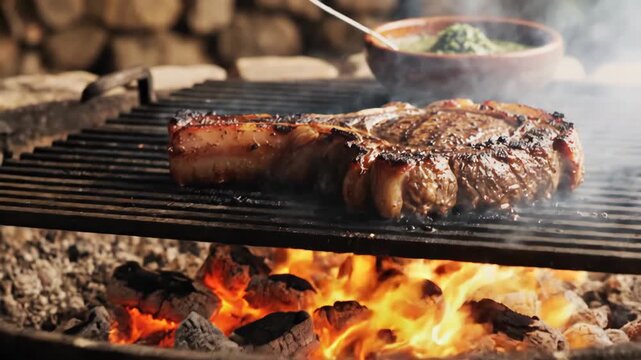 Delicious tomahawk steak grilling over hot coals on a barbecue grill, showcasing a smoky and succulent meal