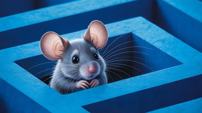 Curious little mouse peeking out from a blue maze symbolizing challenge and exploration