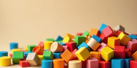A colorful collection of wooden blocks in various shapes and sizes, playfully scattered on a neutral background, creating a vibrant and engaging image perfect for educational or playful themes.