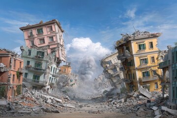 Fototapeta premium Destroyed city buildings collapsing after earthquake disaster