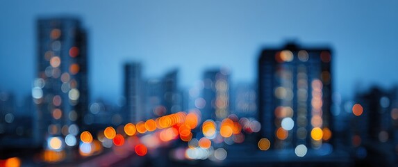 Blurred cityscape with buildings and lights at dusk or dawn in blue tones. High quality