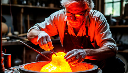 Skilled artisan carefully crafting hot glass, using specialized tools in a traditional glassblowing studio with an intense fiery glow