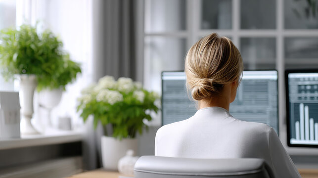 Rear view of woman working at desk in modern office with computer screens, natural light, and green plants, focused atmosphere