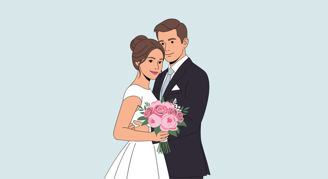 Elegant wedding day illustration of a beautiful bride and groom holding pink roses in a loving embrace for invitations and announcements - Powered by Adobe
