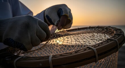 An Omani fisherman's hands, mending a large, intricate fishing net spread across the white sand of a secluded beach.