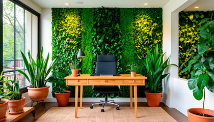 Modern home office featuring a vibrant vertical garden, a wooden desk with a laptop, office chair, and potted plants