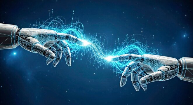 Cybernetic Hands Connecting with Luminous Data Streams Technology Cooperation