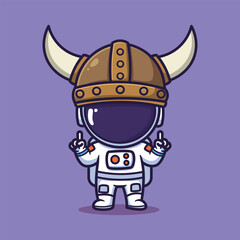 Cute Vector Illustration of a Playful Astronaut Wearing Viking Helmet Making a Fun Gesture on Purple Background