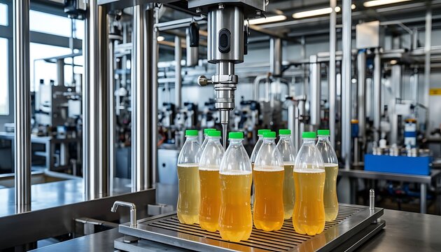 Bottles moving on an automated conveyor while filling with beverage by a modern machine in a food processing factory