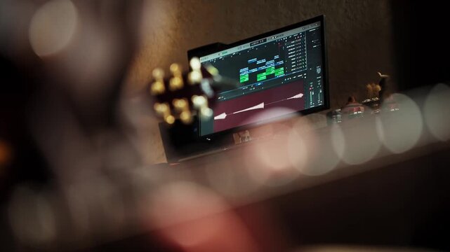 Artistic shot, Out-of-focus silhouette of a guitarist while a computer monitor displays a DAW recording the performance in real time.